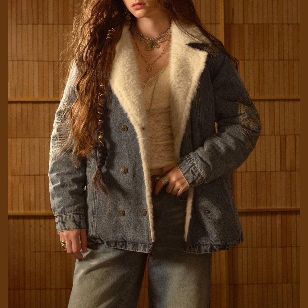 Blue Denim Faux Shearling Lapel Double Breasted Oversized Jacket